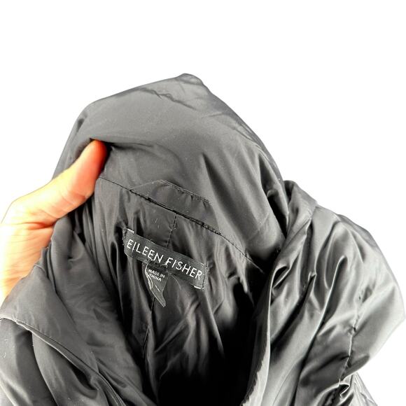 EILEEN FISHER Black Down Full Zip Snap Puffer Jacket Split Hood Women's Size Med - Picture 9 of 9